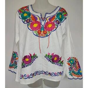 1980s Handmade Mexican Embroidered Blouse Long Sleeve Scalloped Hem M Rare